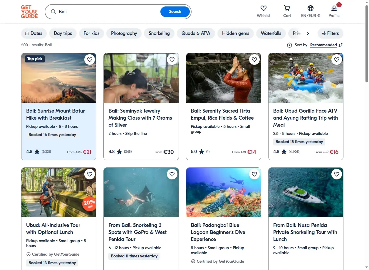 Capture d'écran de l'offre d'activités à Bali