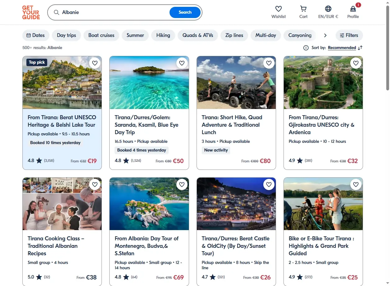 Capture d'écran des activités touristiques en Albanie