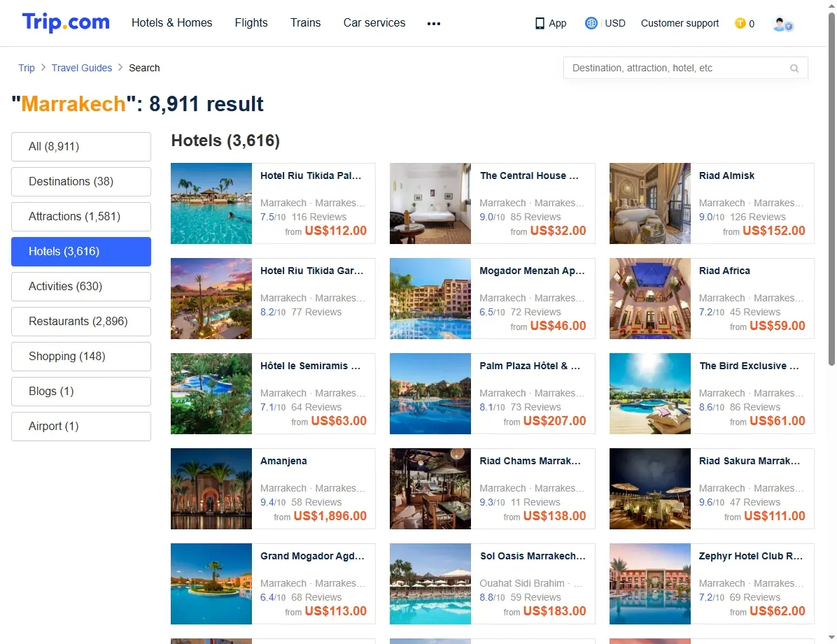 Capture d'écran de la page de recherche d'hôtels pour Marrakech affichant des offres