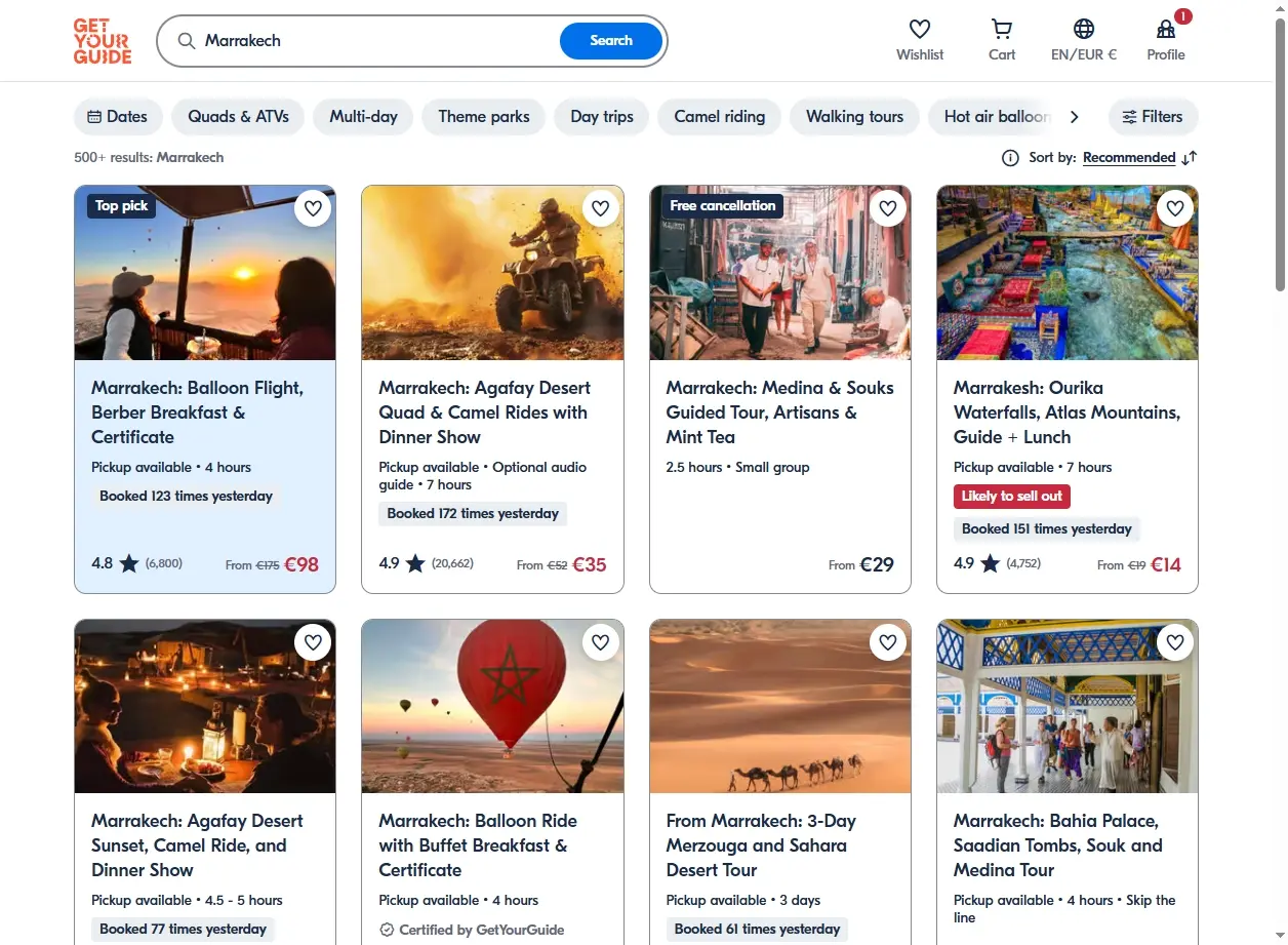 Capture d'écran de la page de recherche d'activités pour Marrakech affichant des excursions