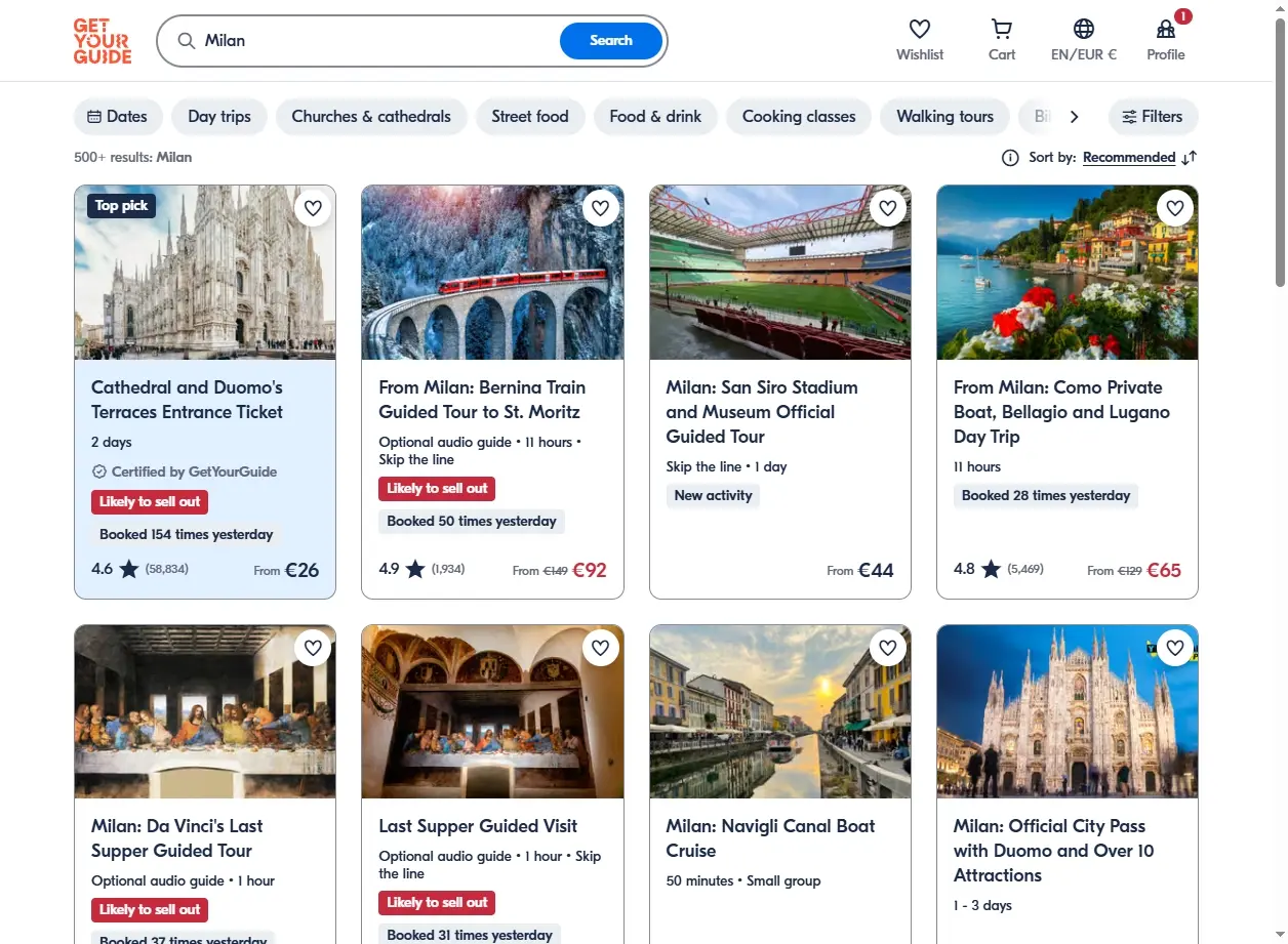 Aperçu des activités et excursions à Milan sur GetYourGuide.