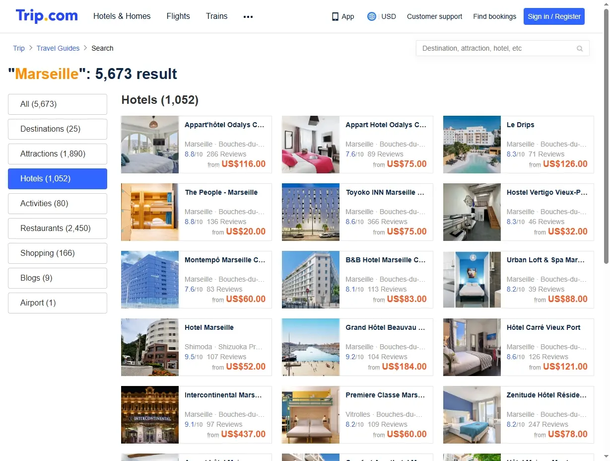 Sélection d'hôtels et d'hébergements disponibles à Marseille