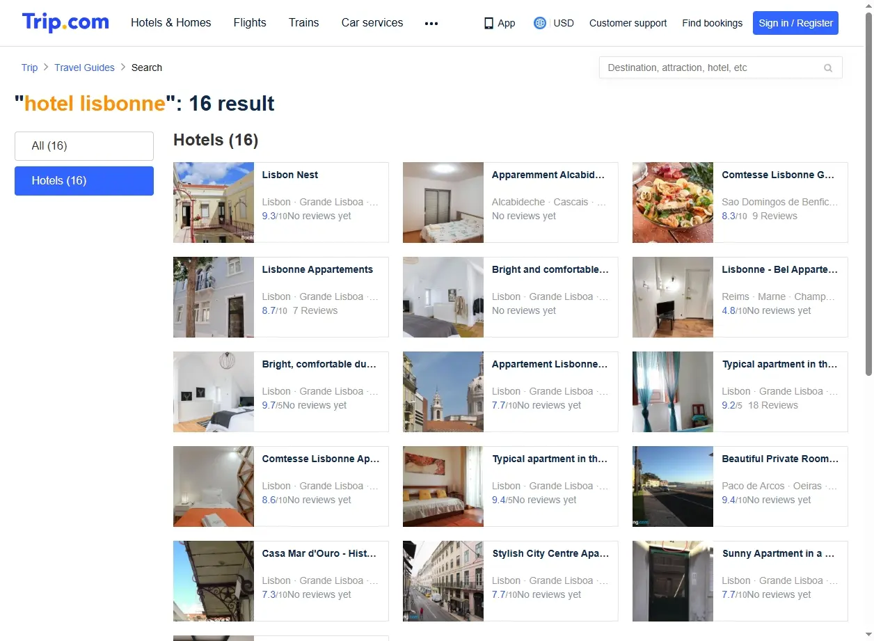 Capture d'écran de Trip.com montrant des offres d'hôtels à Lisbonne