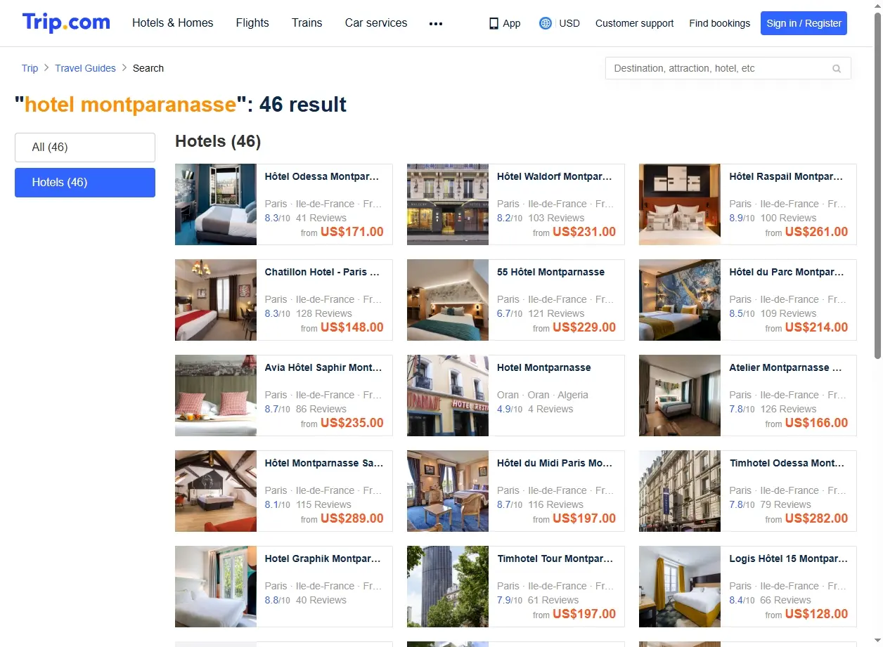 Capture d'écran de page de recherche d'hôtels Montparnasse avec offres spéciales