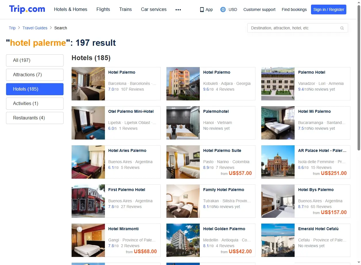 Capture d'écran de Trip.com montrant des offres d'hôtel pour Palerme.