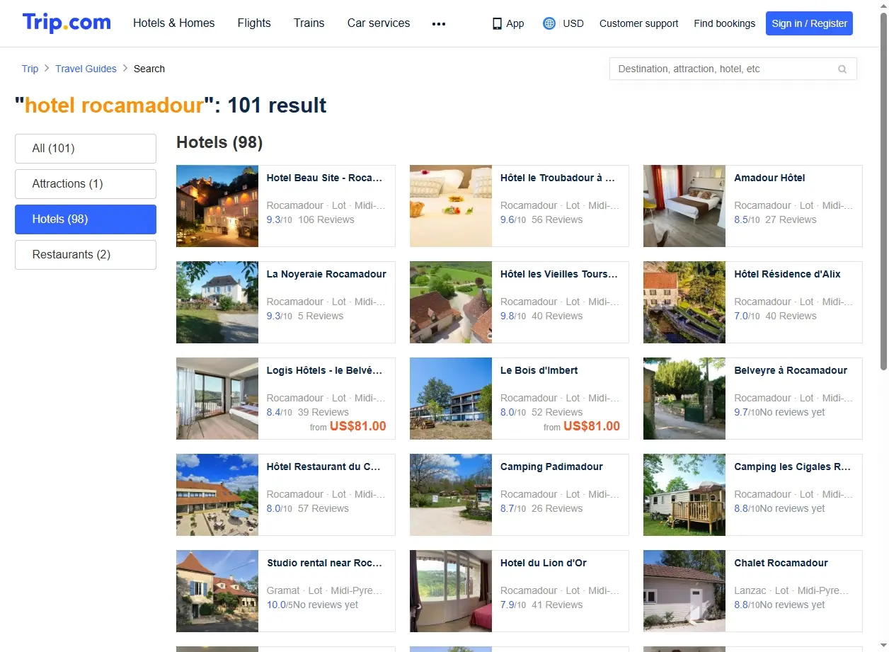 Interface de recherche d'hôtels avec des offres spéciales pour Rocamadour.