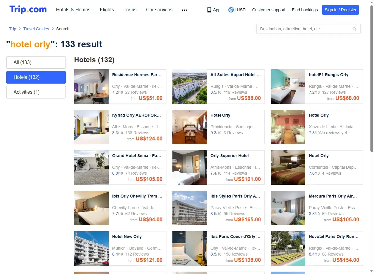 Capture d'écran de Trip.com affichant des offres spéciales pour hotel Orly