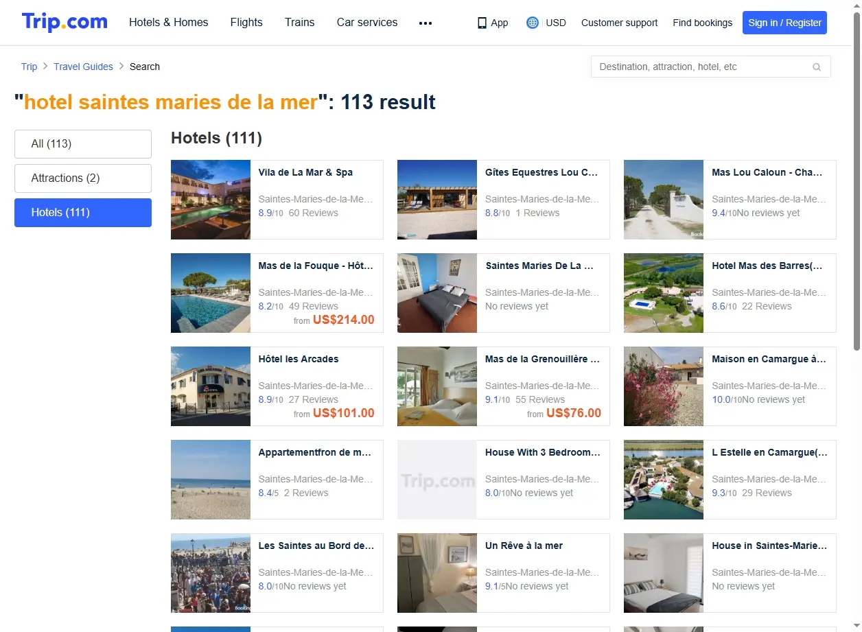 Capture d'écran de la page de recherche d'hôtels pour Saintes-Maries-de-la-Mer