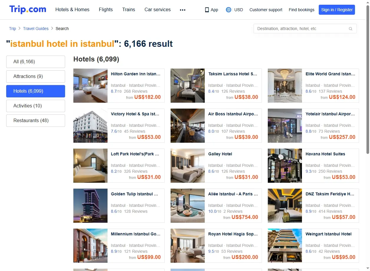 Capture d'écran de la page de recherche Trip.com montrant des offres d'hôtels à Istanbul