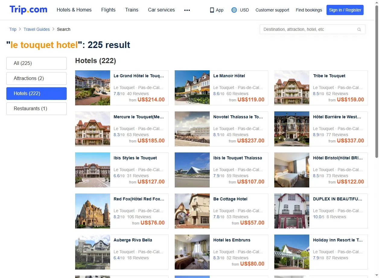 Capture d'écran de Trip.com montrant des offres spéciales d'hôtels au Touquet
