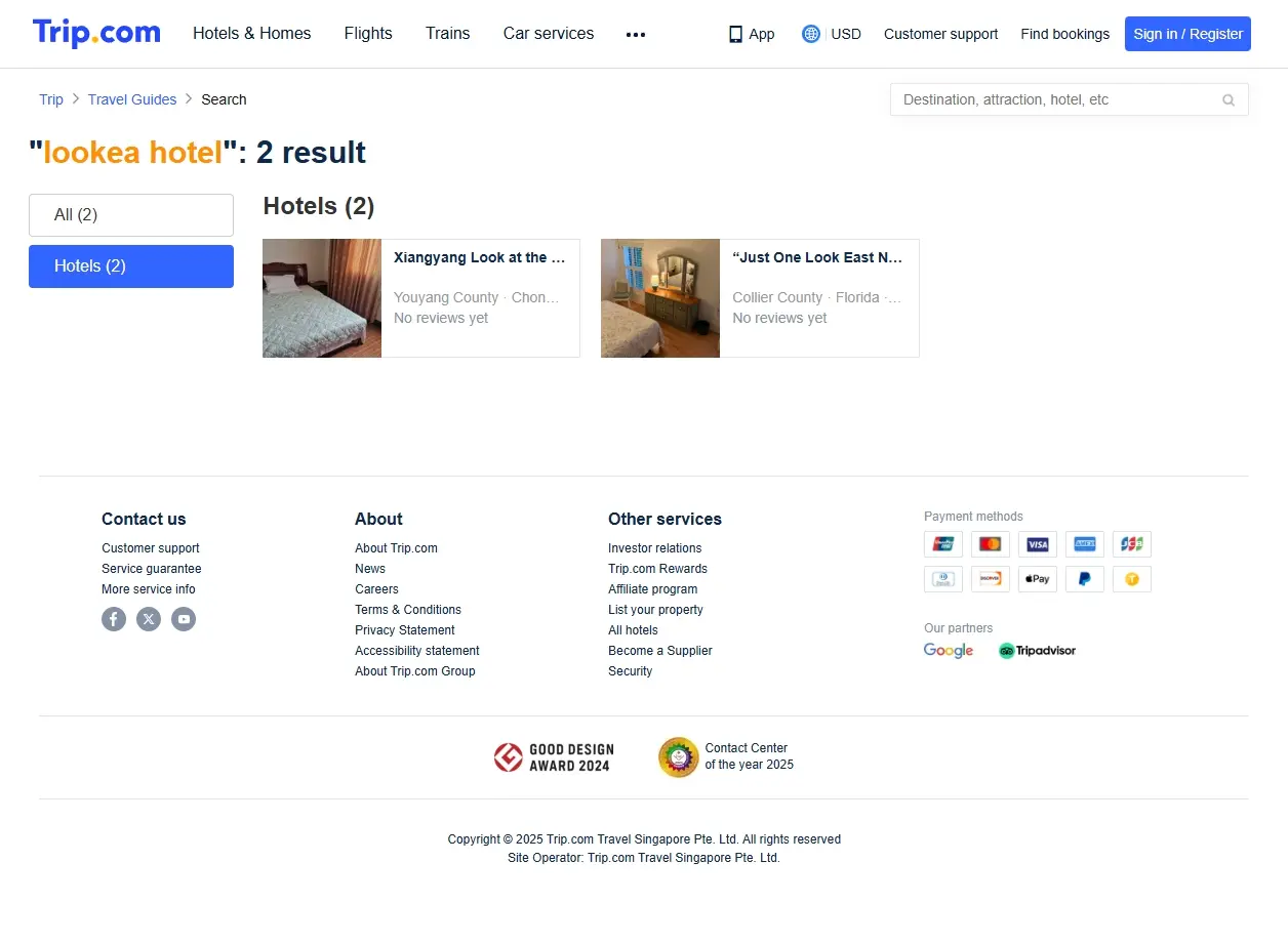 Capture d'écran de Trip.com montrant des offres spéciales d'hôtels pour les voyageurs.