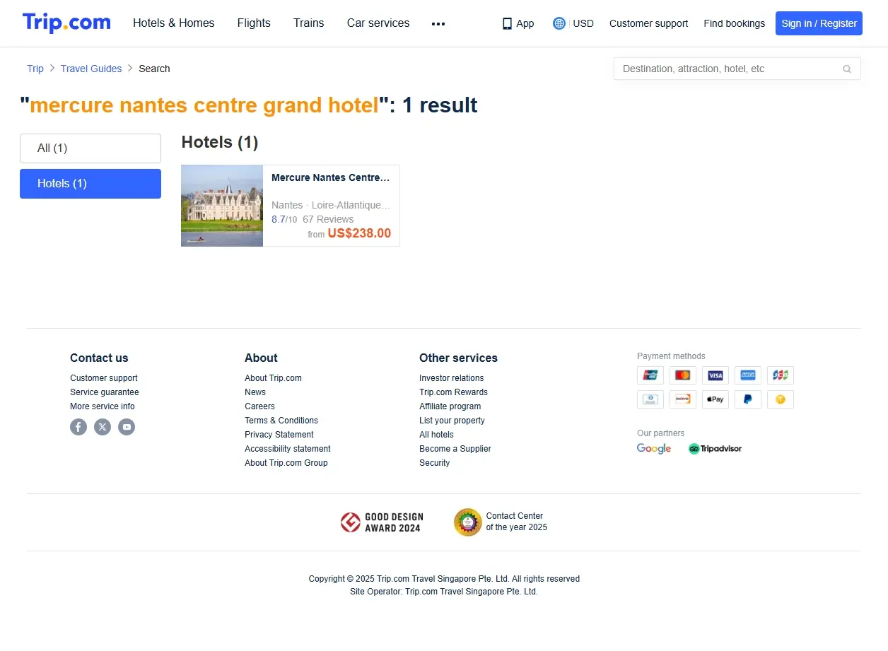 Capture d'écran de Trip.com montrant des offres pour des hôtels à Nantes.