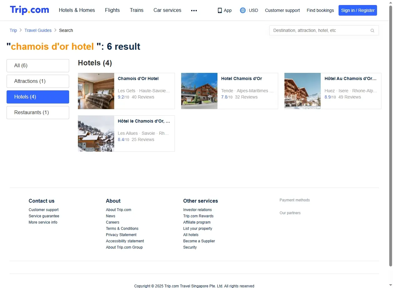 Capture d'écran de la recherche du Chamois d'Or Hotel & Spa sur un site de réservation