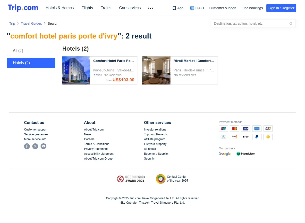 Capture d'écran des offres spéciales pour le Comfort Hotel Paris Porte d'Ivry
