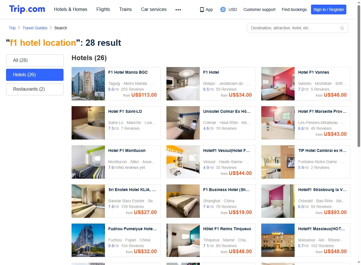 Capture d'écran de la recherche d'offres pour l'emplacement F1 hotel sur Trip.com.