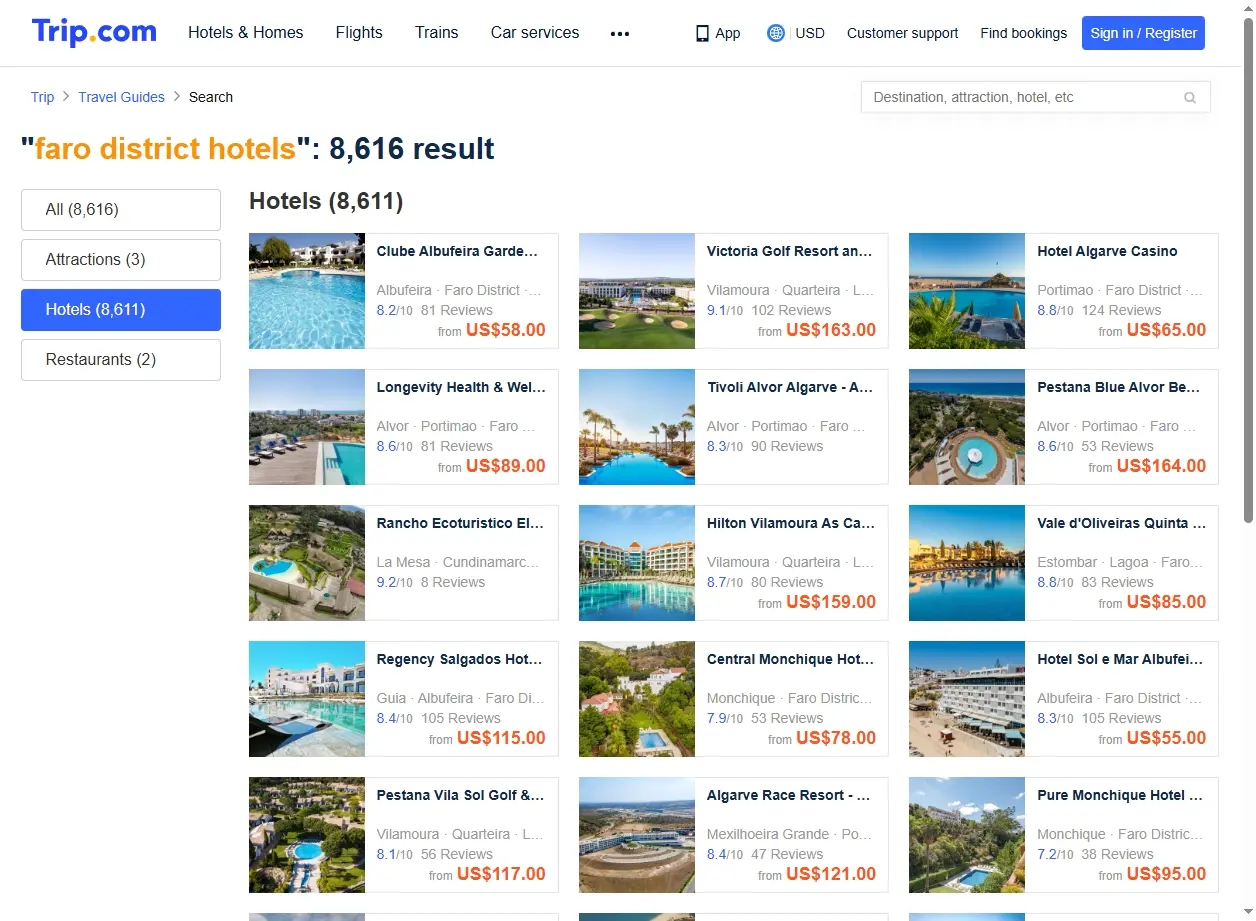Capture d'écran de l'interface de recherche d'hôtels à Faro avec des offres spéciales.