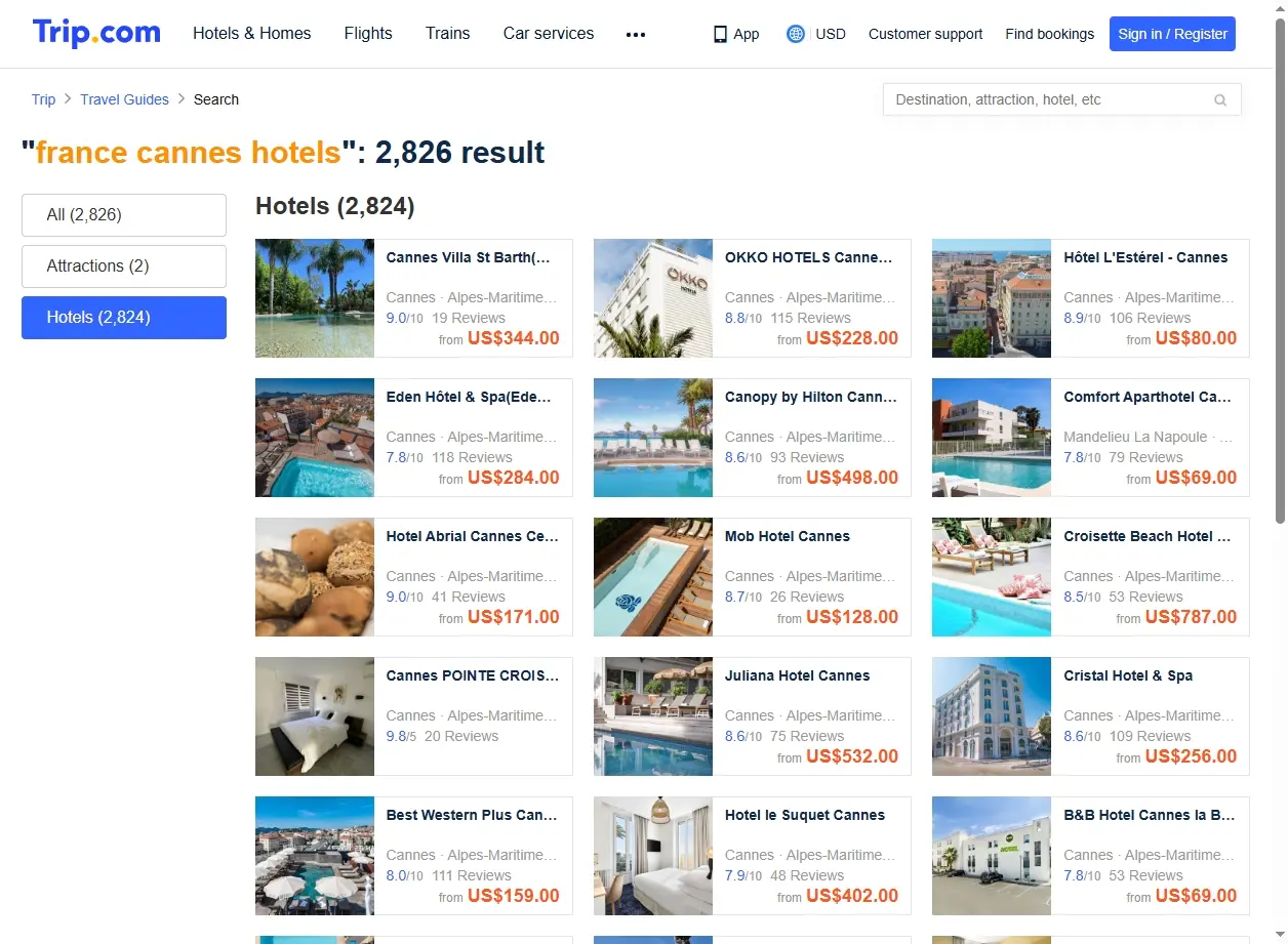Capture d'écran de site web montrant des offres spéciales d'hôtels à Cannes