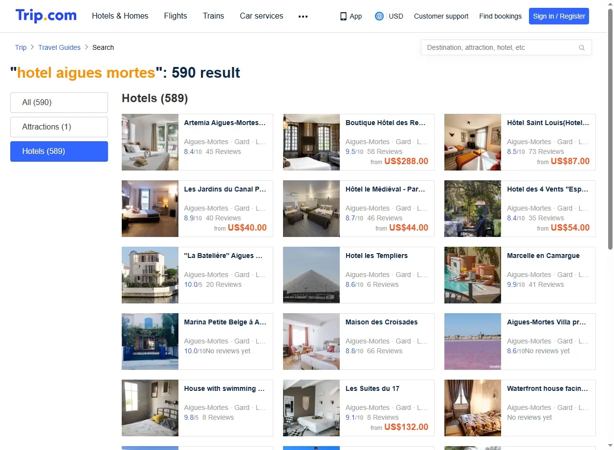 Interface de recherche d'hôtel affichant des offres pour Aigues-Mortes.