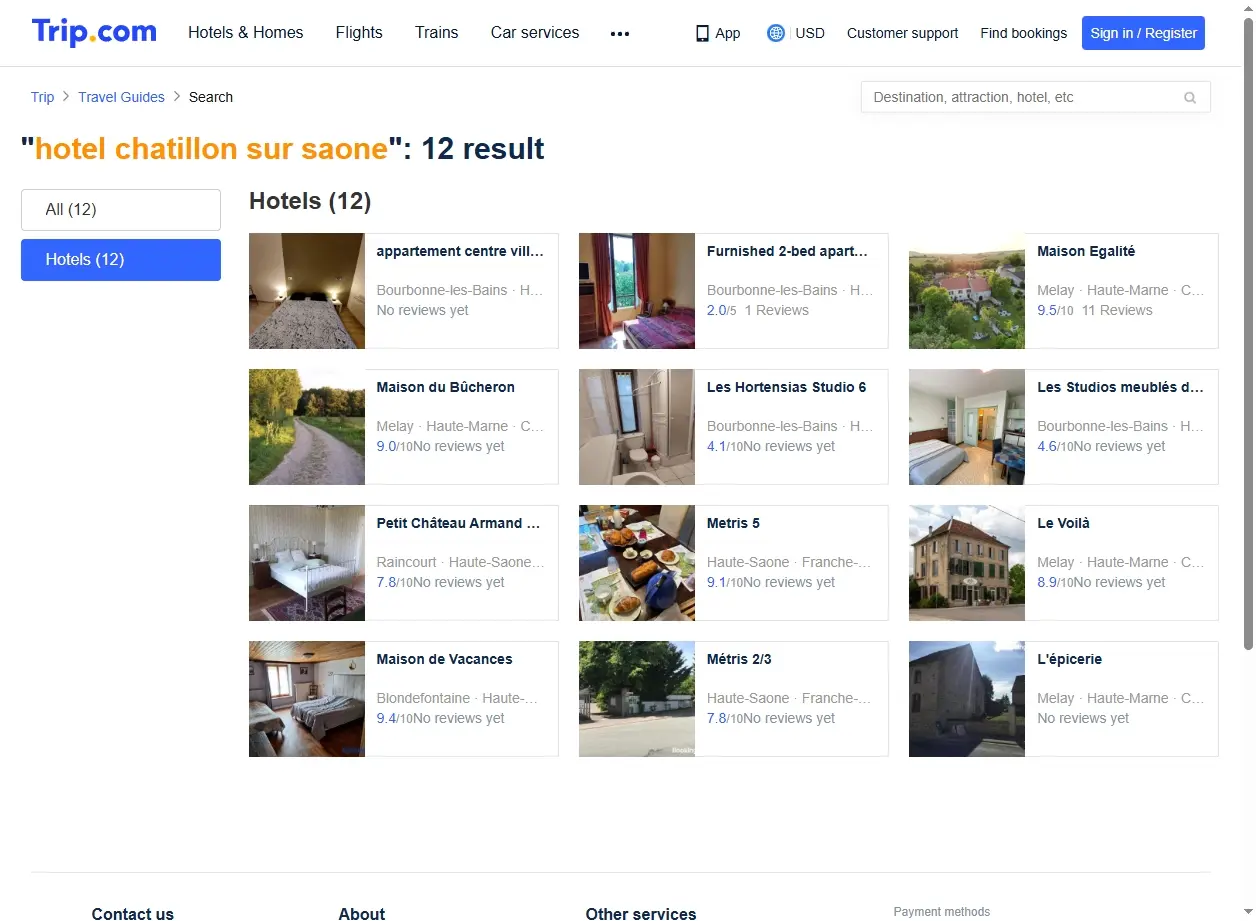 Capture d'écran de Trip.com montrant des offres d'hôtels pour Châtillon-sur-Saône
