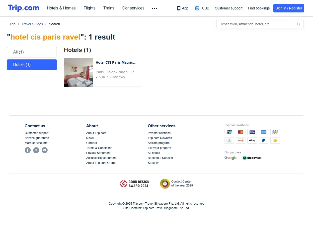 Comparateur d'offres d'hôtels à Paris, y compris l'Hotel CIS Paris Ravel