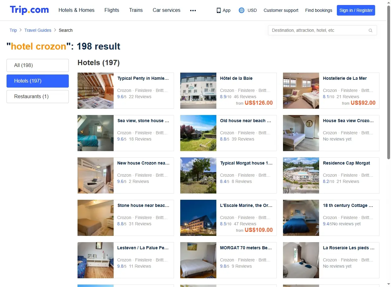 Capture d'écran de l'interface de réservation d'hôtel montrant des offres spéciales à Crozon