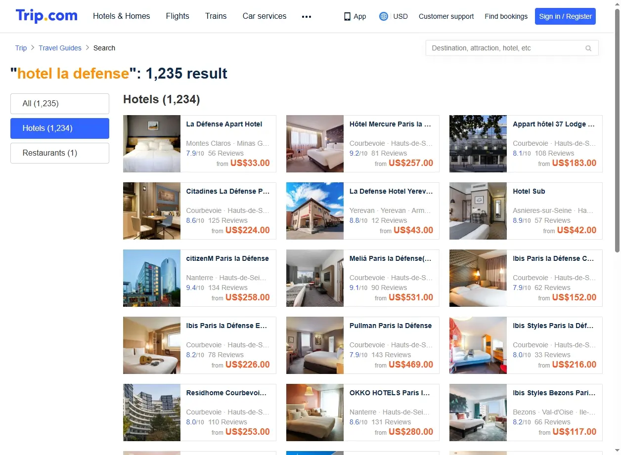 Capture d'écran de l'offre spéciale d'hôtel Trip.com pour La Défense.