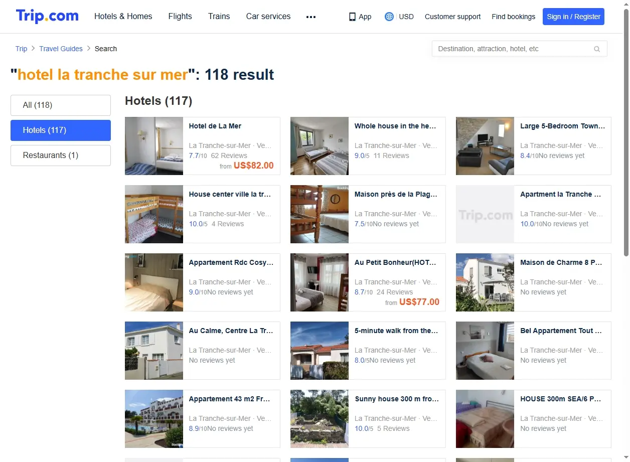 Capture d'écran de résultats de recherche pour hôtel la tranche sur mer