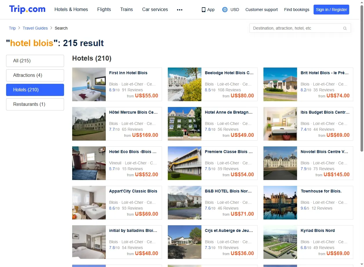 Capture d'écran de l'interface de recherche d'hôtels avec des offres spéciales