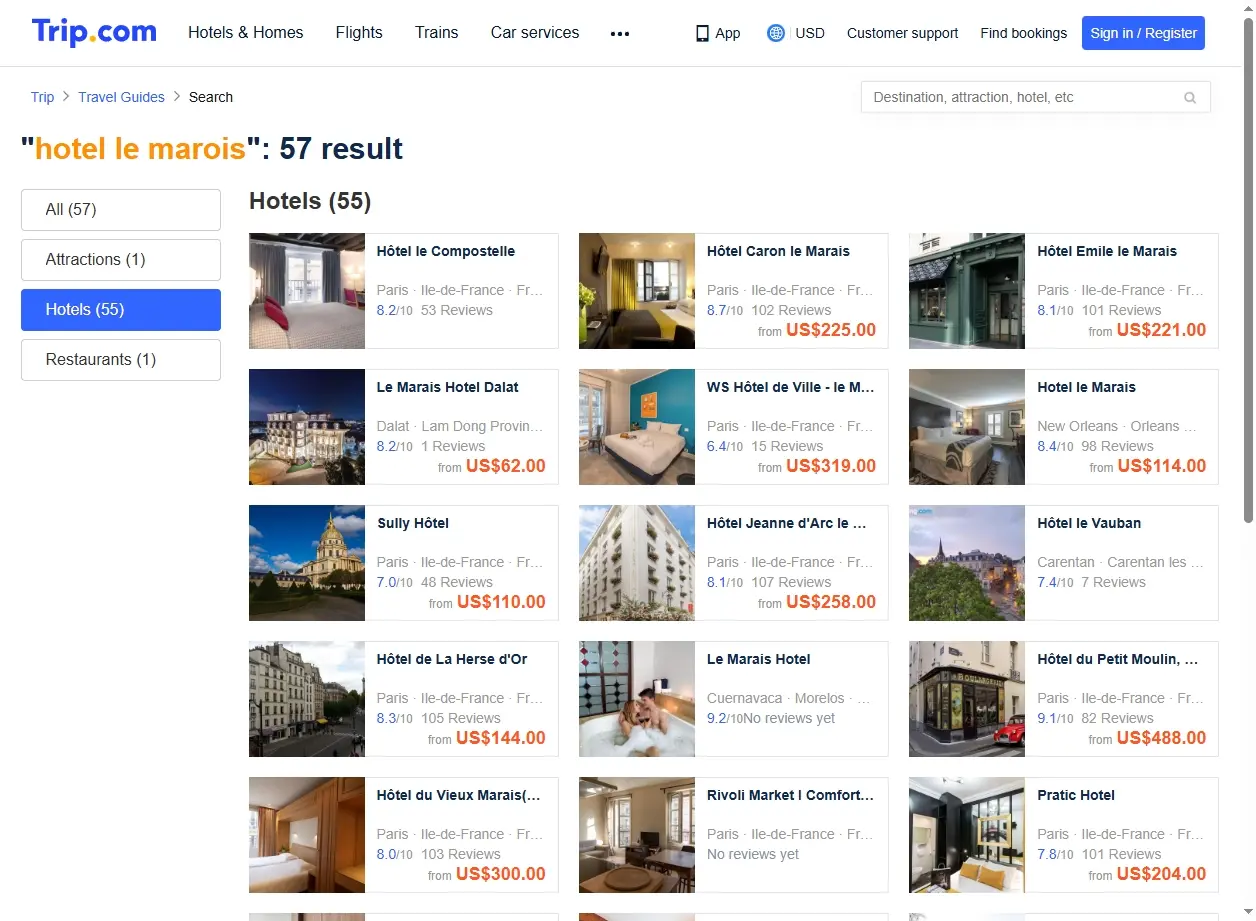 Capture d'écran de Trip.com montrant des offres d'hôtel autour du hotel le marois