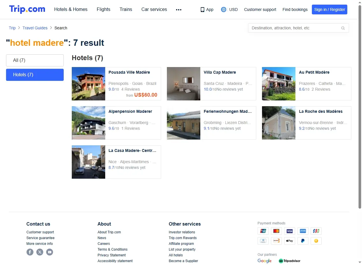 Capture d'écran de Trip.com affichant des offres d'hôtels à Madère