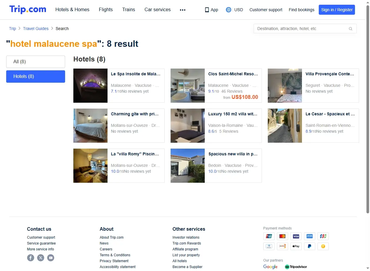 Capture d'écran de résultats de recherche d'hôtels spa à Malaucène montrant des offres exclusives