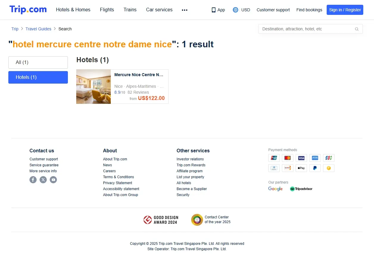 Comparateur de prix pour l'Hôtel Mercure Nice Centre Notre Dame