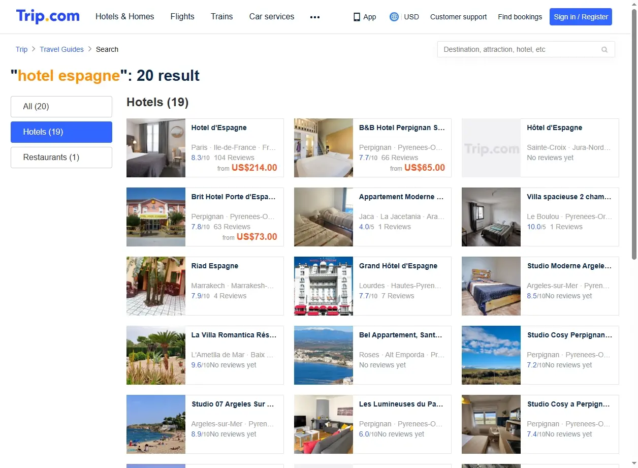 Capture d'écran de Trip.com montrant des offres d'hôtels en Espagne