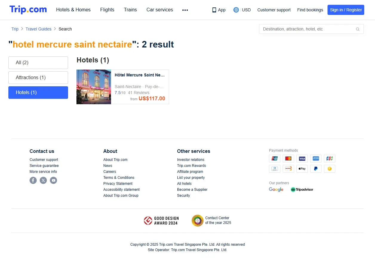 Capture d'écran de site de réservation d'hôtels