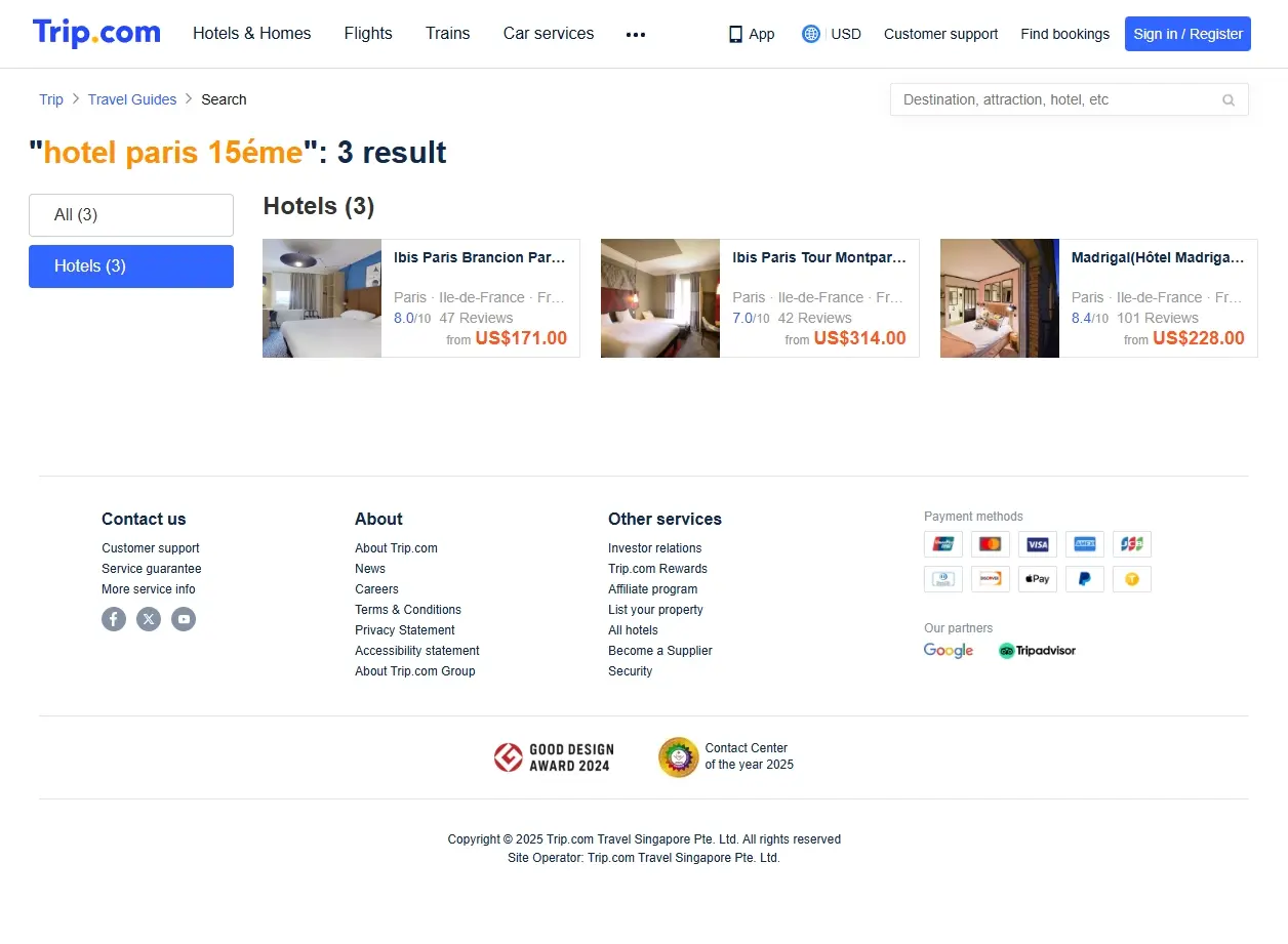 Interface de recherche Trip.com pour des hôtels à Paris 15ème