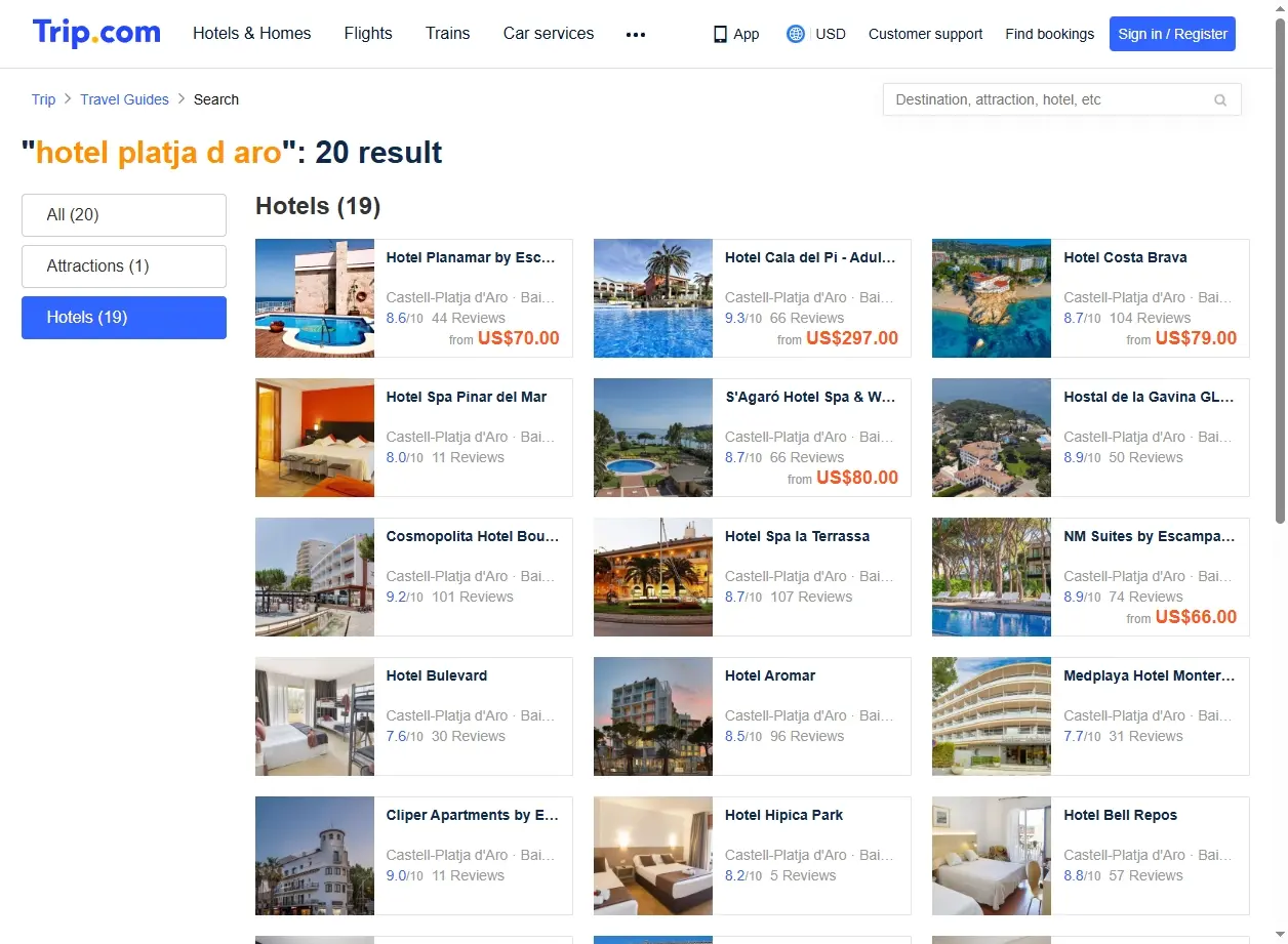 Interface de recherche d'hôtels montrant des offres exclusives à Platja d'Aro.