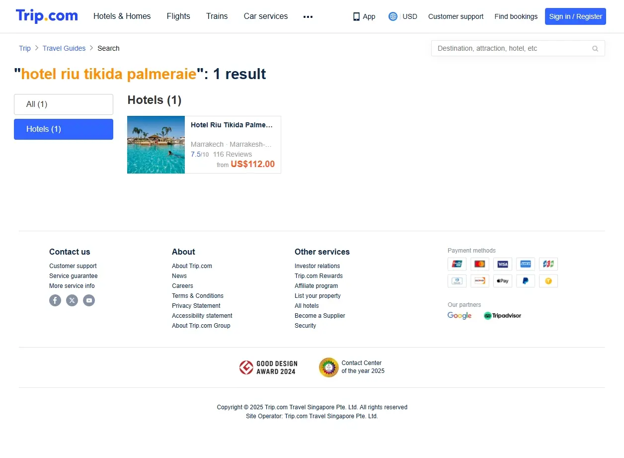 Capture d'écran de Trip.com montrant des offres pour Riu Tikida Palmeraie