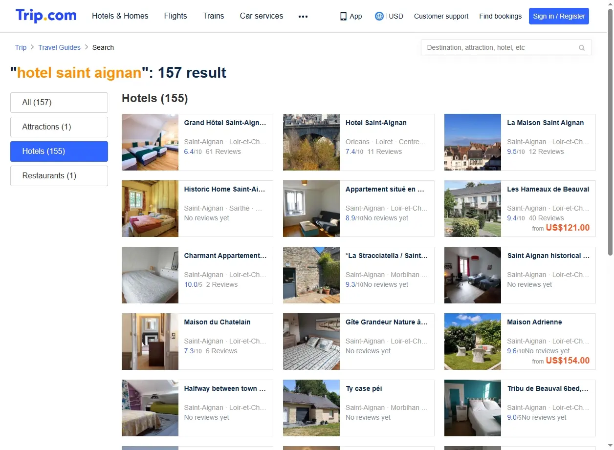 Capture d'écran de la page de recherche Trip.com pour les offres d'hôtel à Saint-Aignan