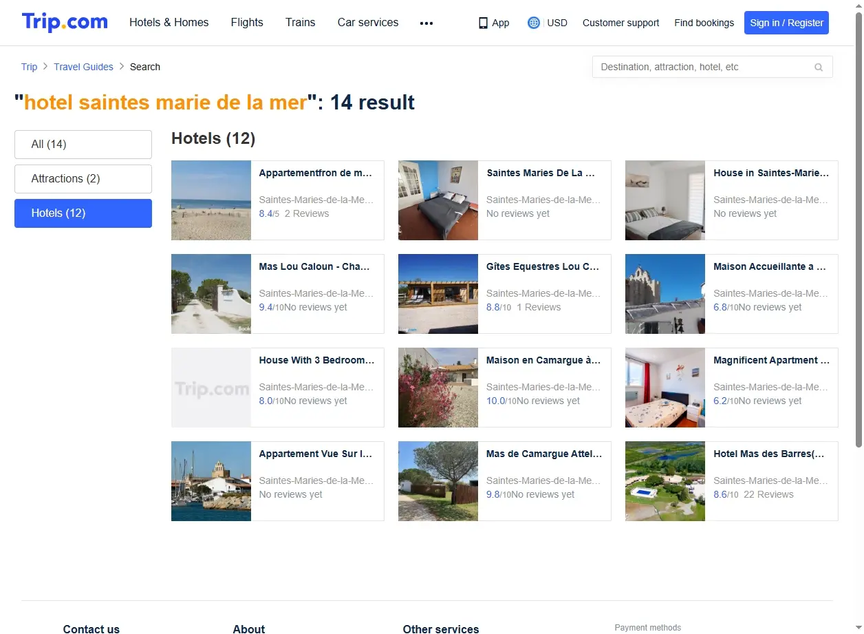 Capture d'écran de résultats de recherche d'hôtels aux Saintes-Maries-de-la-Mer