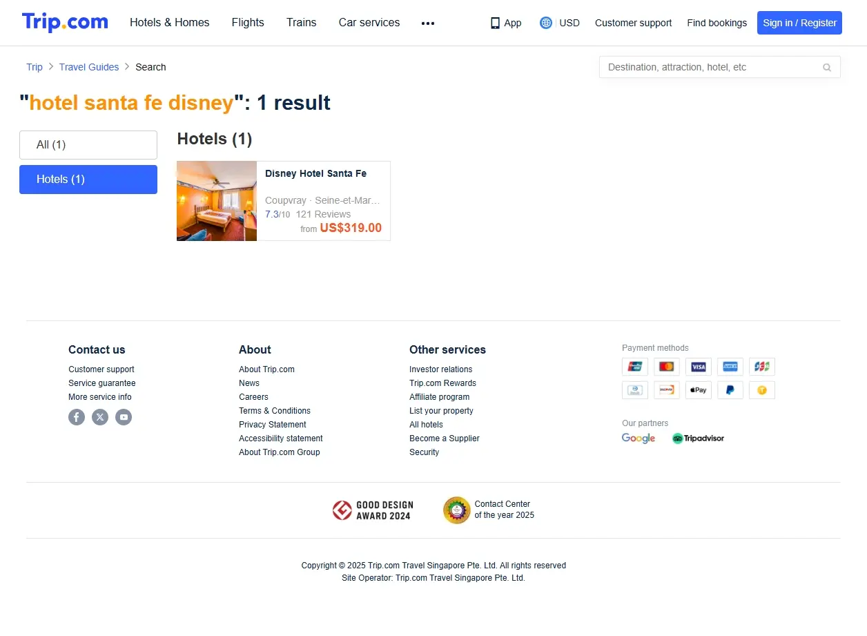 Capture d'écran de Trip.com montrant des offres pour l'Hôtel Santa Fe Disney