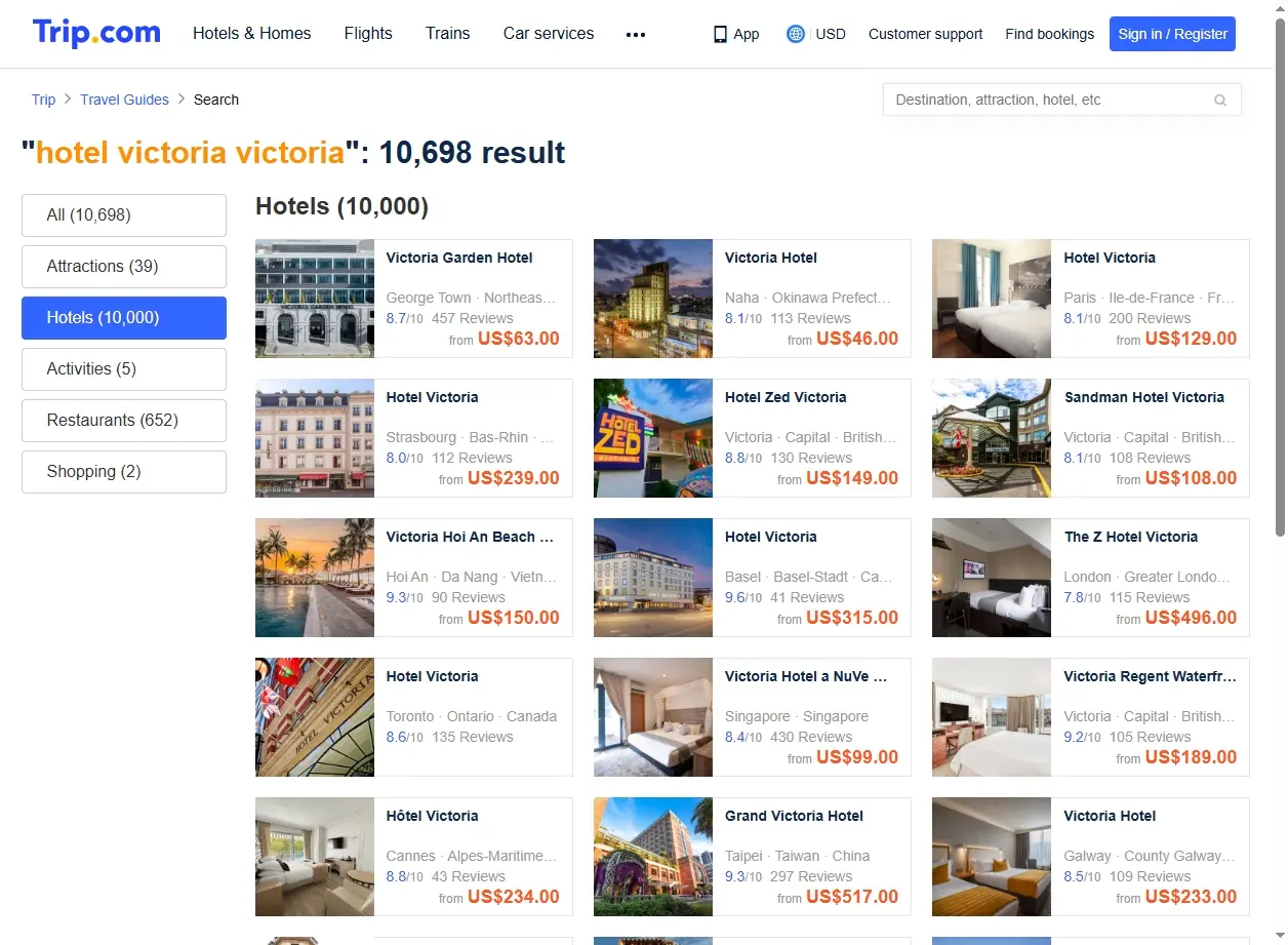 Capture d'écran de Trip.com montrant des offres d'hôtels