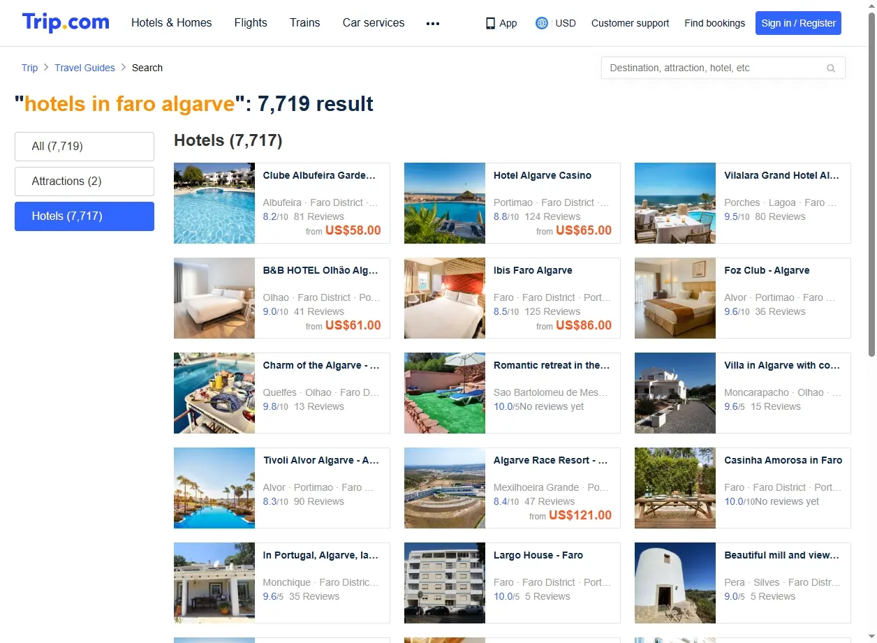 Offres spéciales d'hôtels à Faro Algarve, capture d'écran d'un site de réservation.