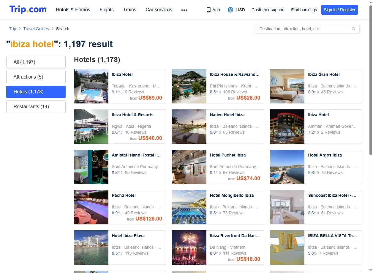 Capture d'écran de promotions sur Trip.com pour des hôtels à Ibiza.