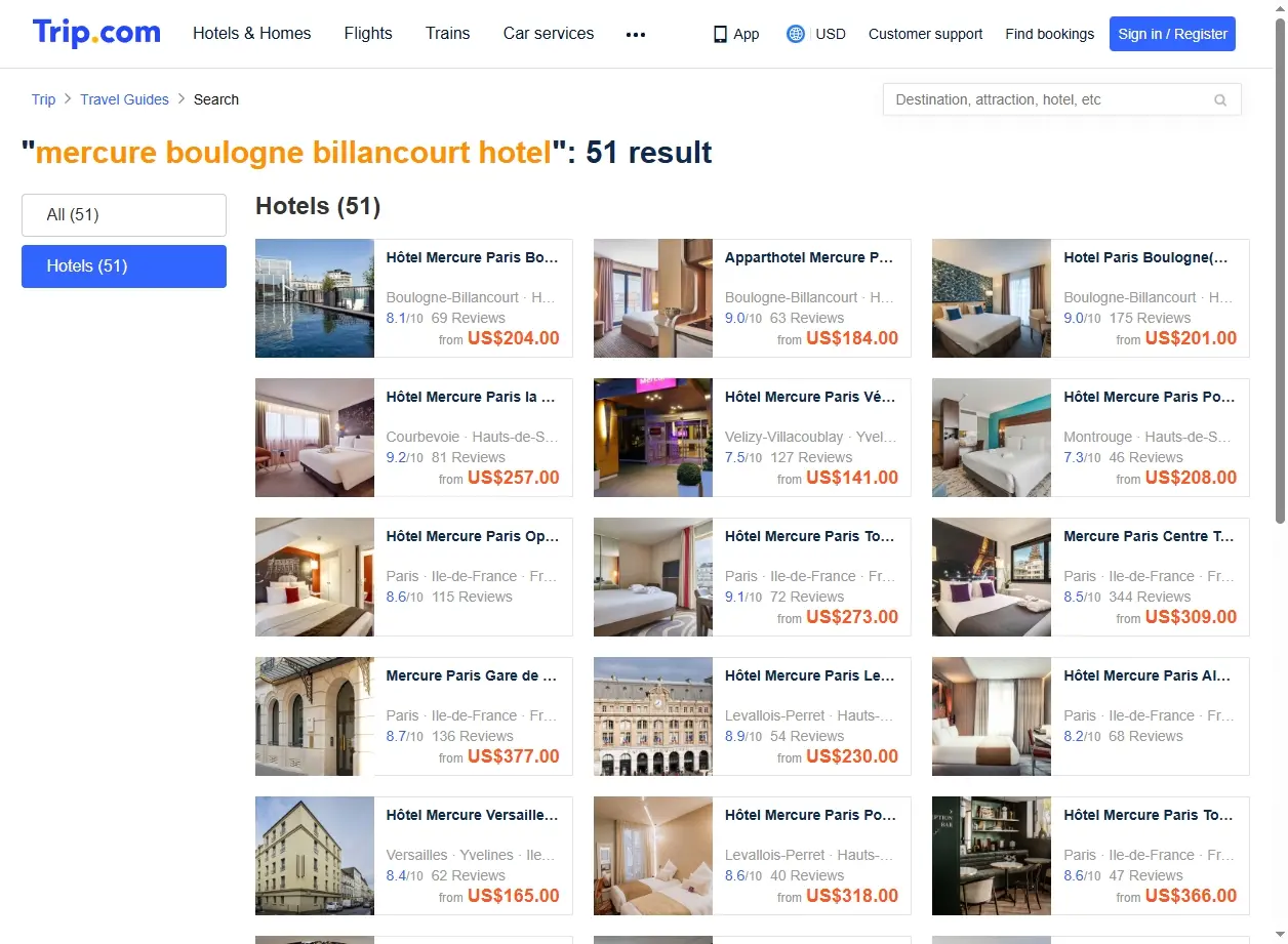 Capture d'écran de Trip.com montrant des offres spéciales pour l'hôtel Mercure Boulogne Billancourt