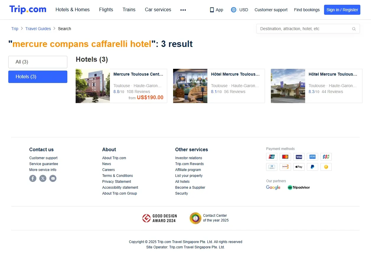 Capture d'écran de la page d'offres de l'hôtel Mercure Compans Caffarelli