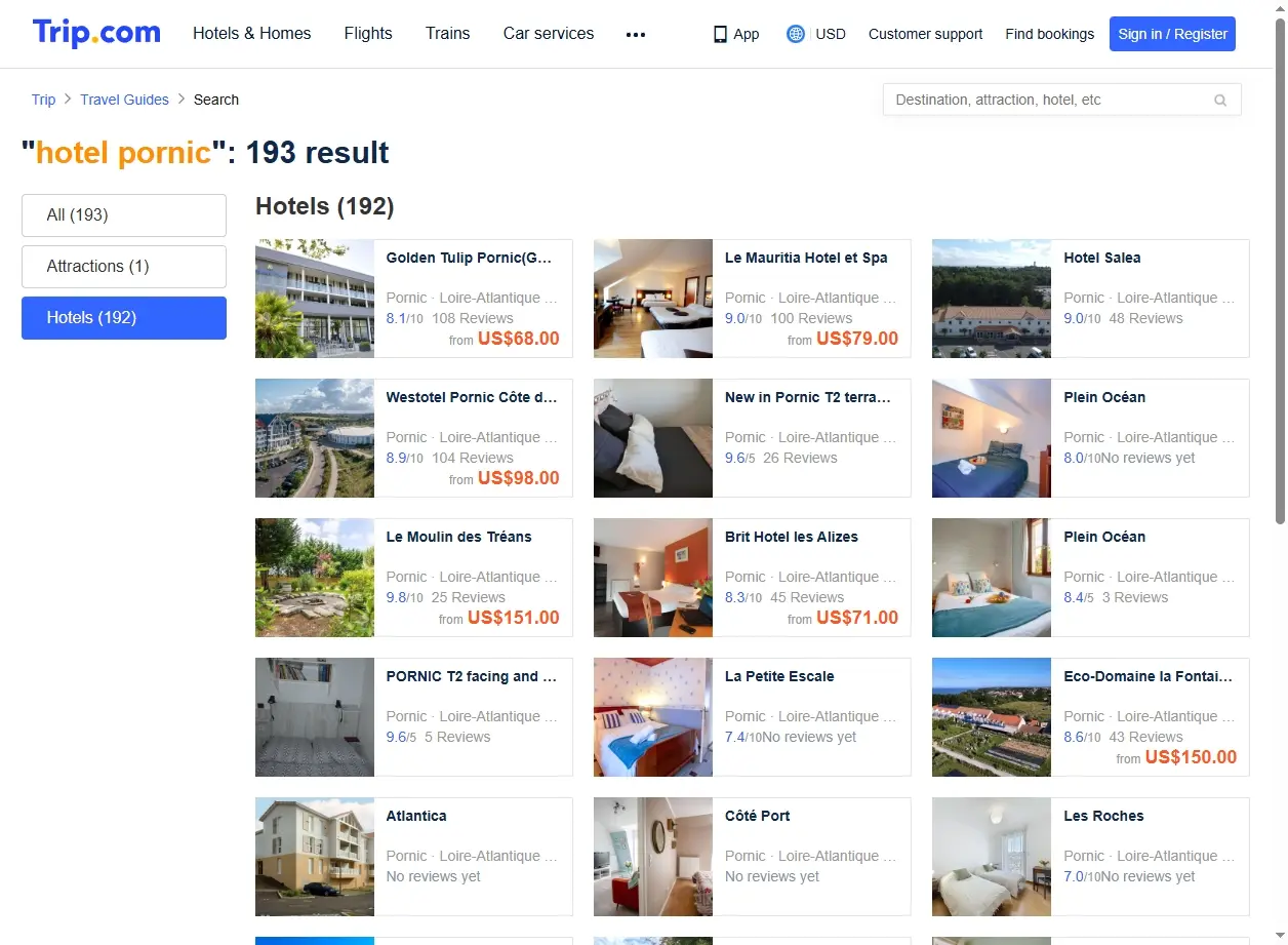Capture d'écran de site de réservation d'hôtel montrant des offres pour Pornic