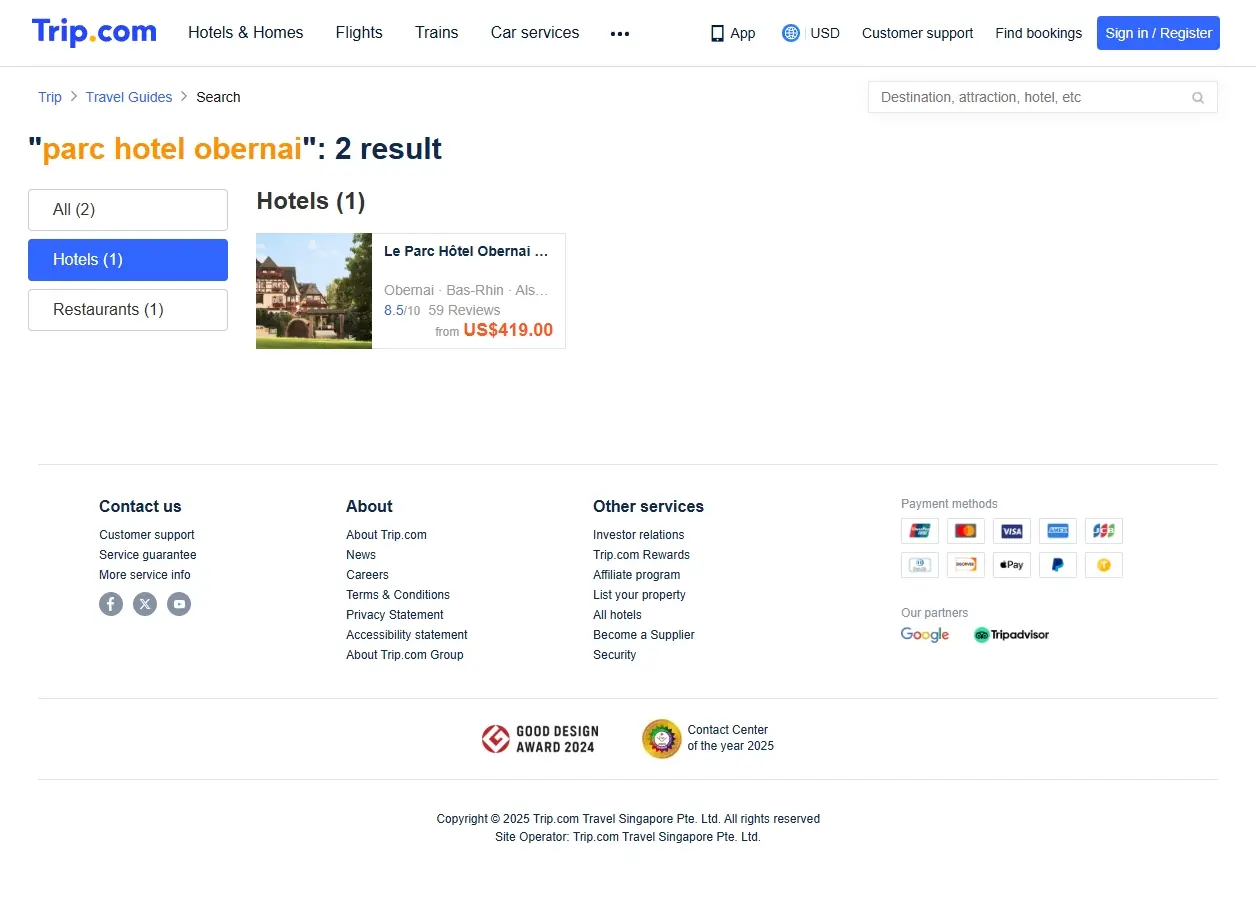 Capture d'écran de Trip.com montrant des offres d'hôtels