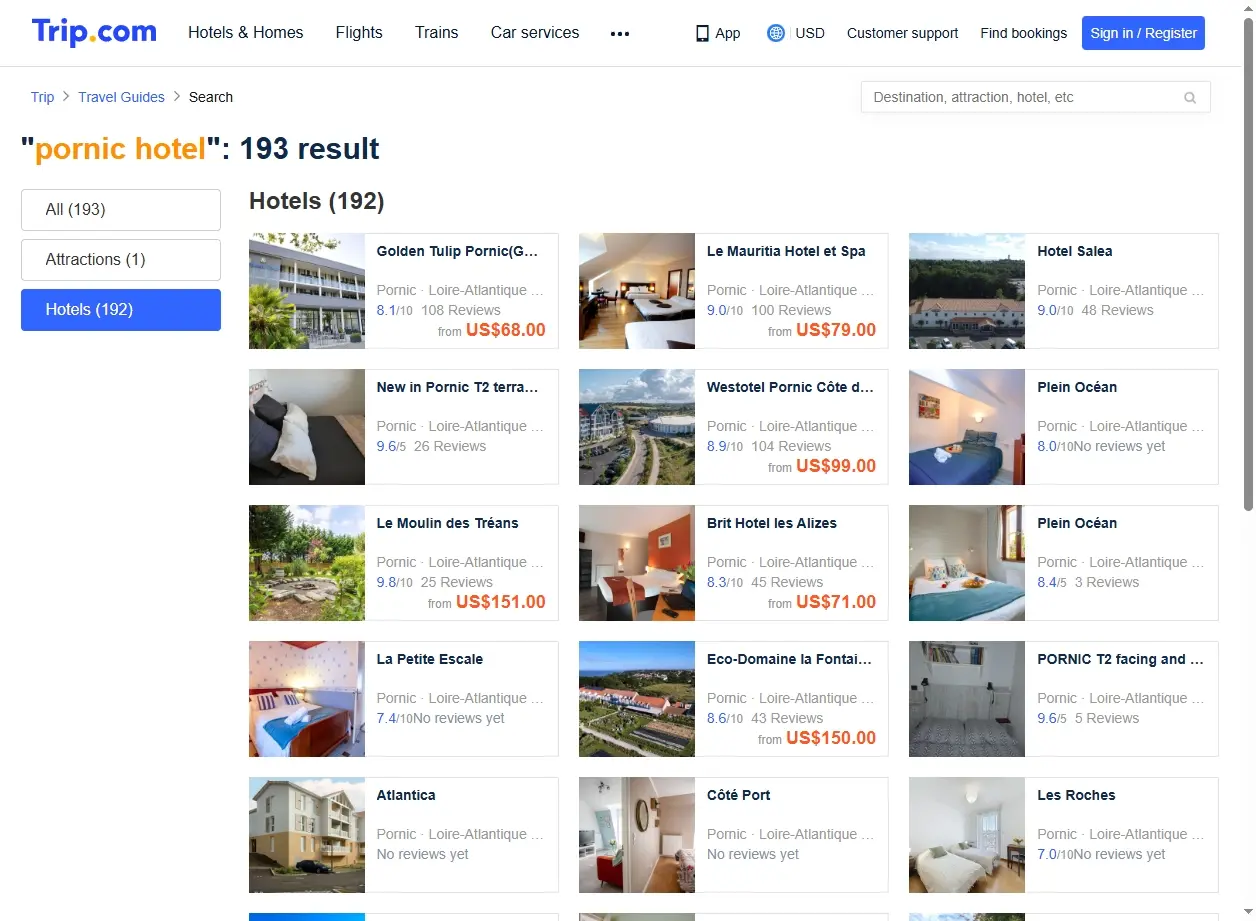 Capture d'écran de l'interface de Trip.com montrant des offres d'hôtels à Pornic.
