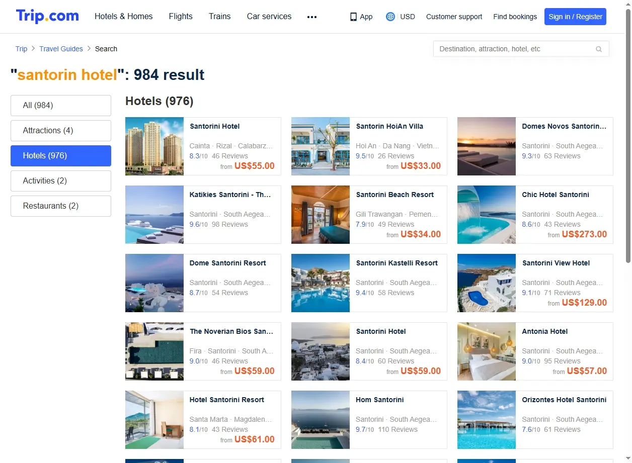 Capture d'écran de promotions d'hôtels à Santorin