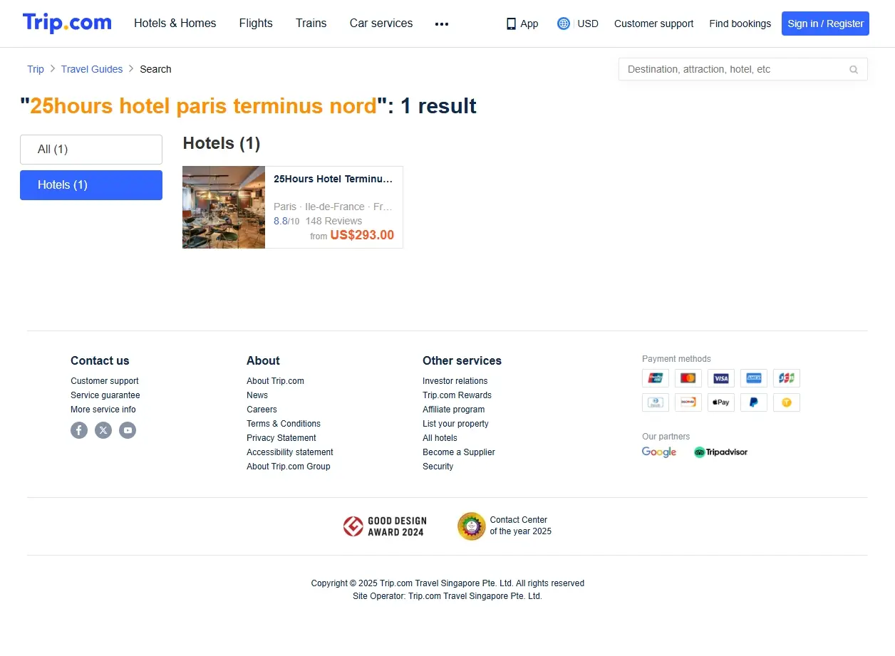 Capture d'écran de Trip.com montrant des offres d'hôtels